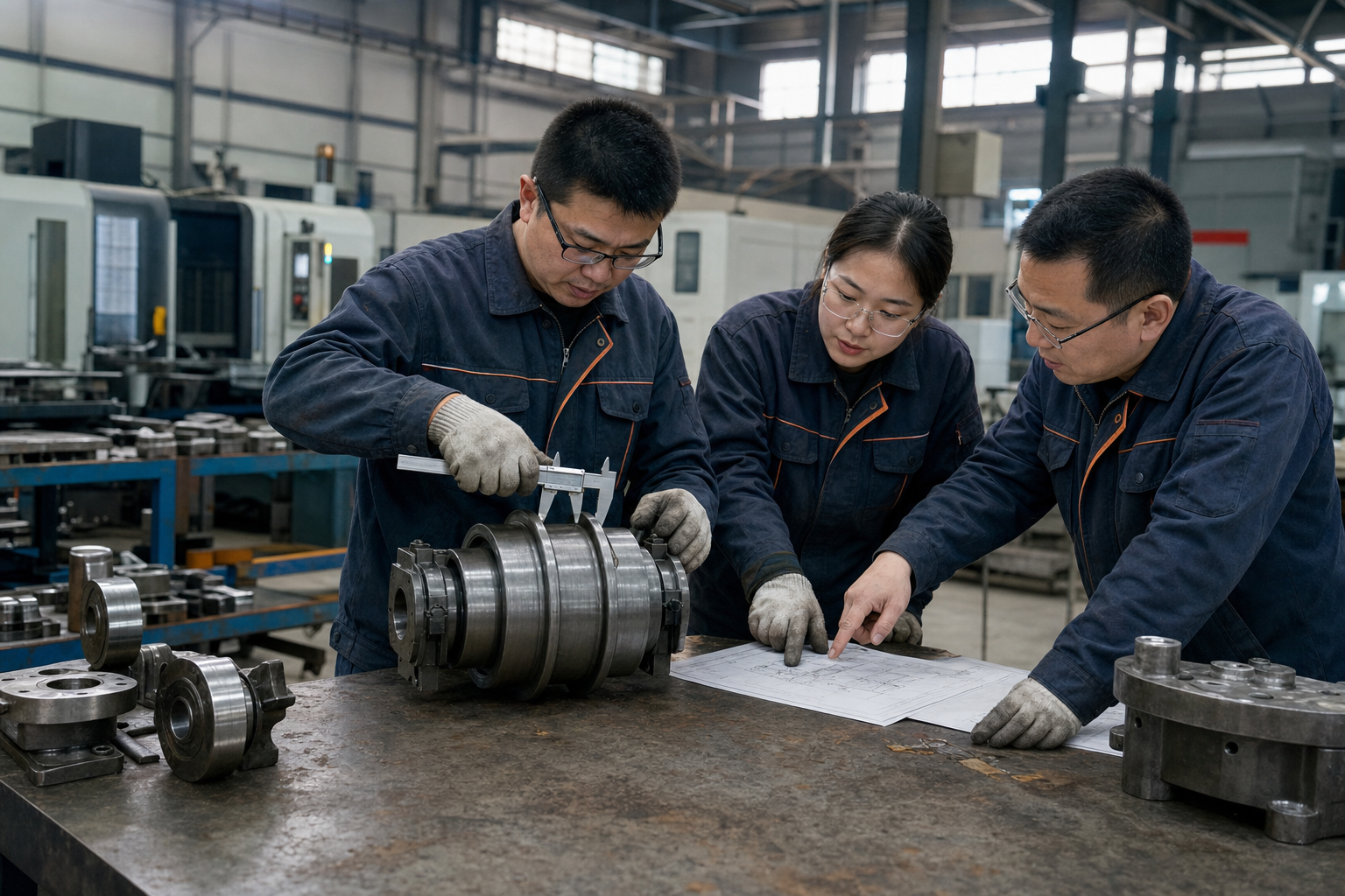 Chinese YNRSP engineering and quality team measuring a construction machinery component