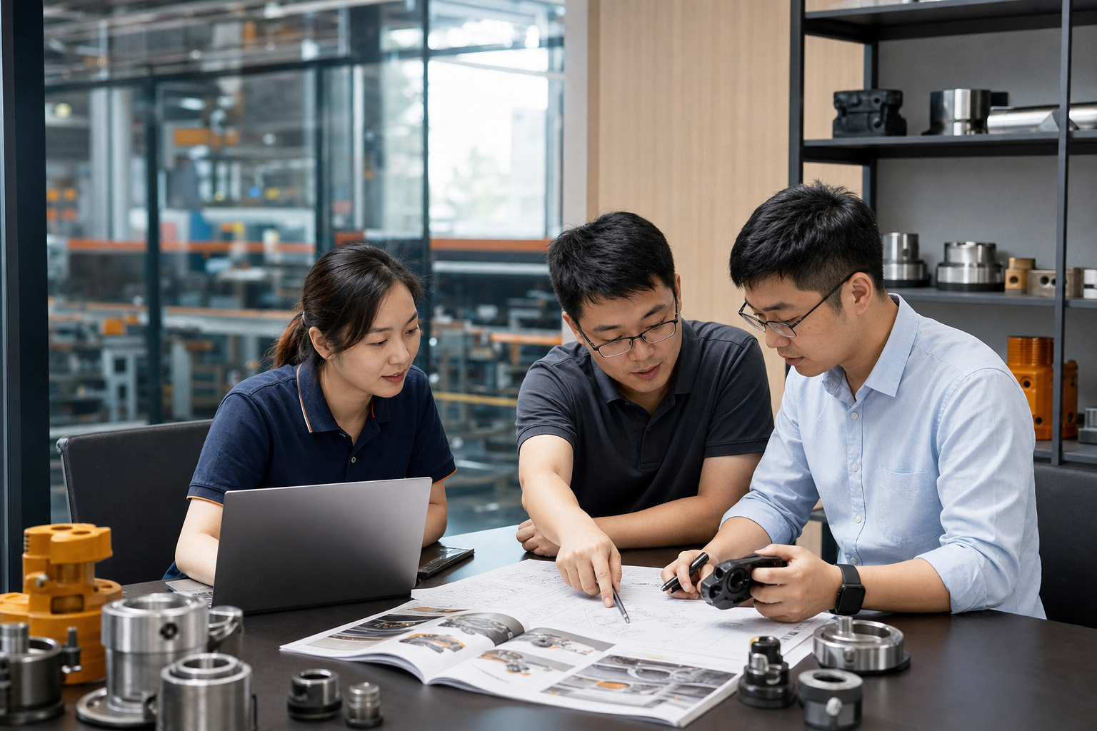 YNRSP China sales and technical support team reviewing construction machinery parts