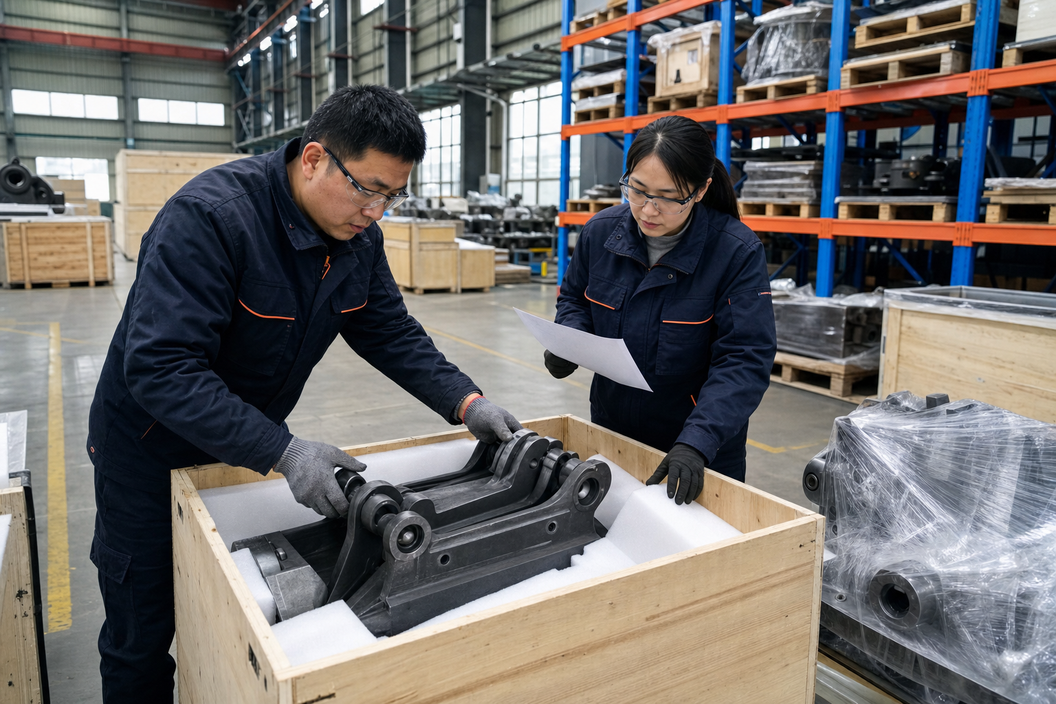 Chinese warehouse team preparing construction machinery parts for packing
