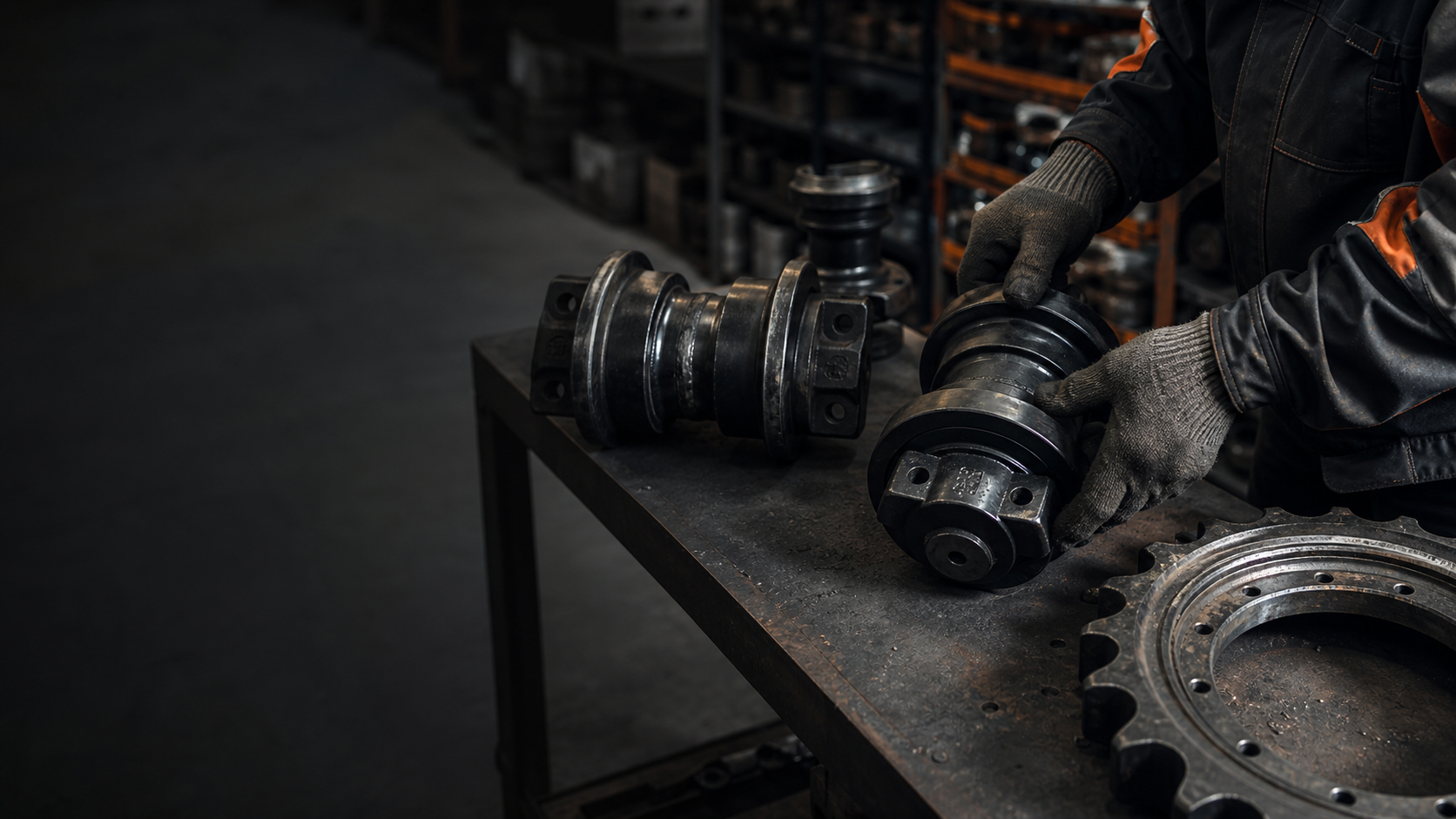Construction machinery parts prepared in an industrial workshop