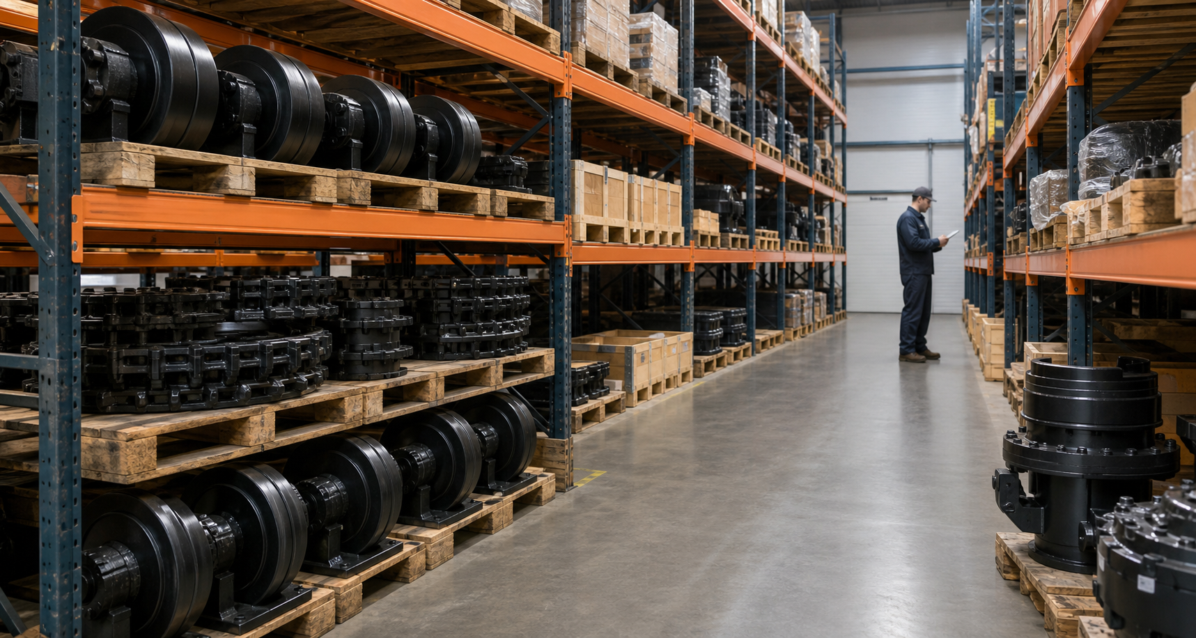 Construction machinery parts organized in a warehouse