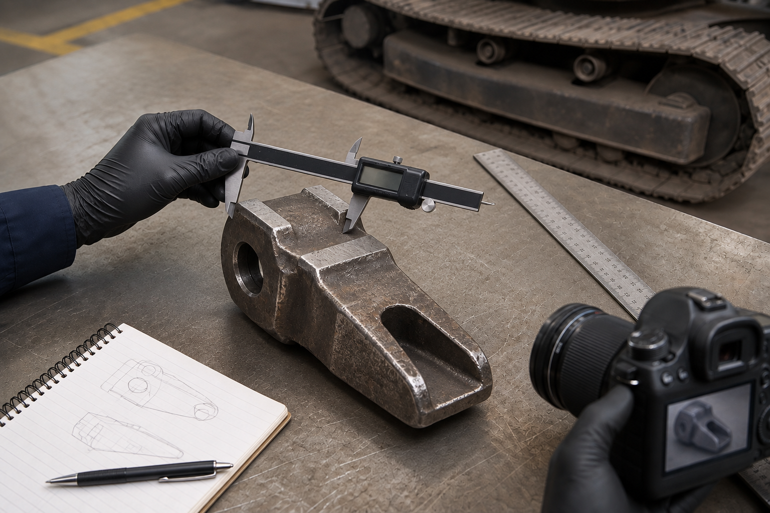 Technician measuring a construction equipment part for reference and fit identification