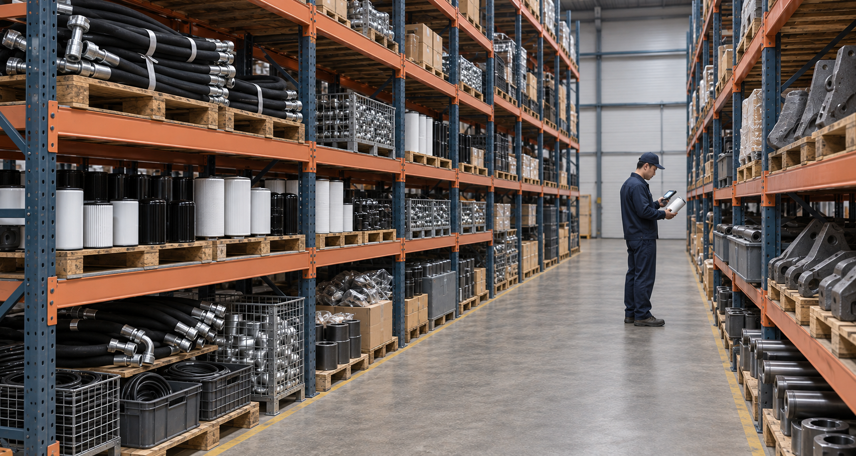 Construction machinery parts organized across multiple product systems in a warehouse